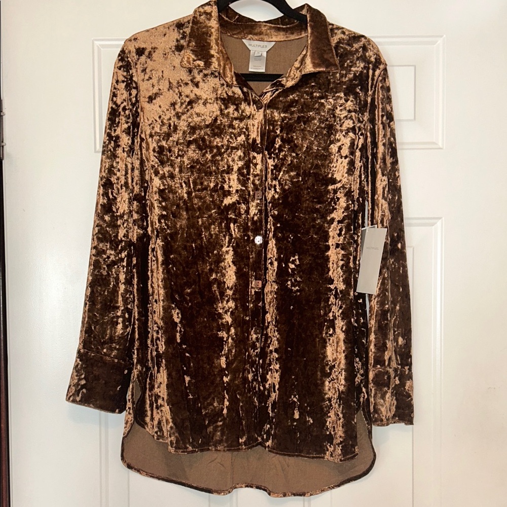 Multiples Velvet Square NWT Button Up Shirt M Brown (Mocha) Casual Glam Sheen